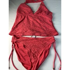 Coral Crochet Type Bathing Suit Two Piece Beach Ocean Casual Swim Sz L Bikini